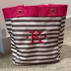 Pink and Gray Striped “K” Tote Bag